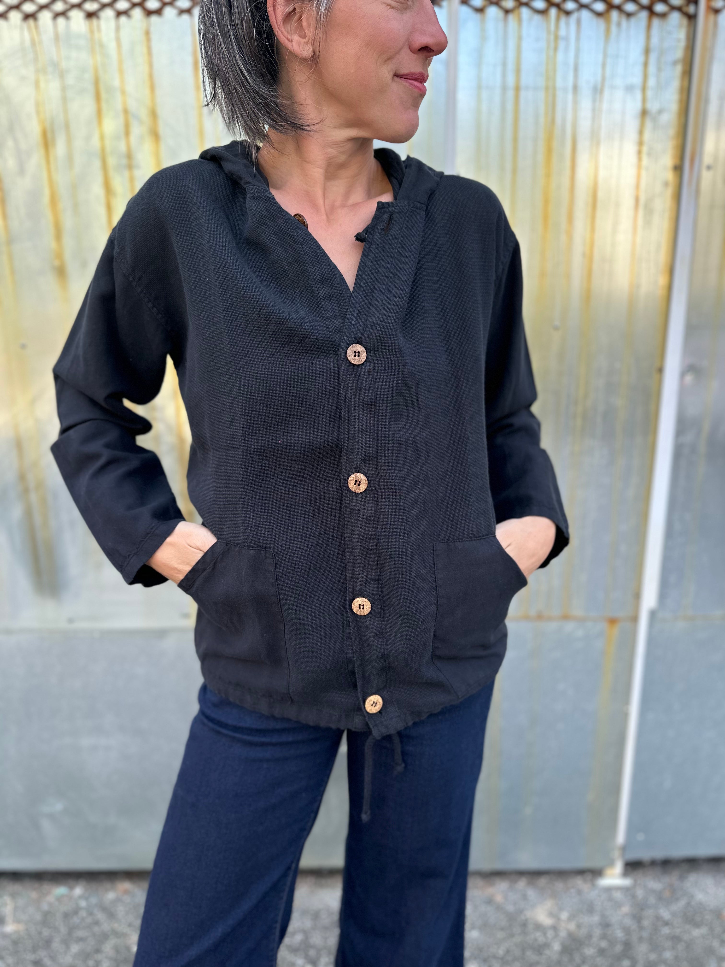 16-121 Black Linen Hoodie Jacket