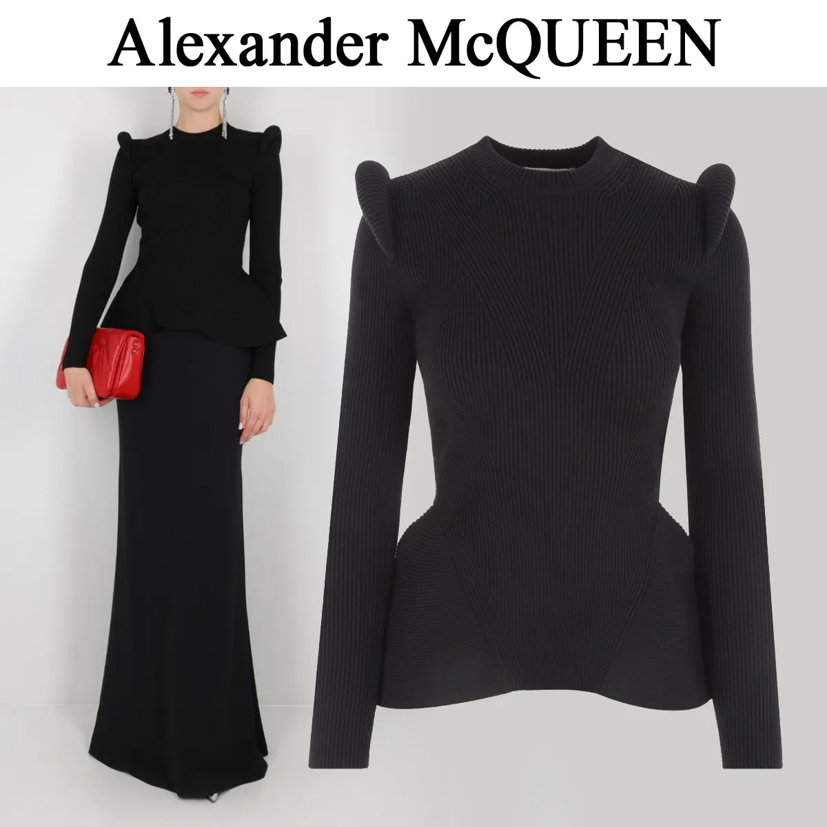 alexander mcqueen  |Crew Neck Casual Style Wool Peplum Rib Long Sleeves Plain