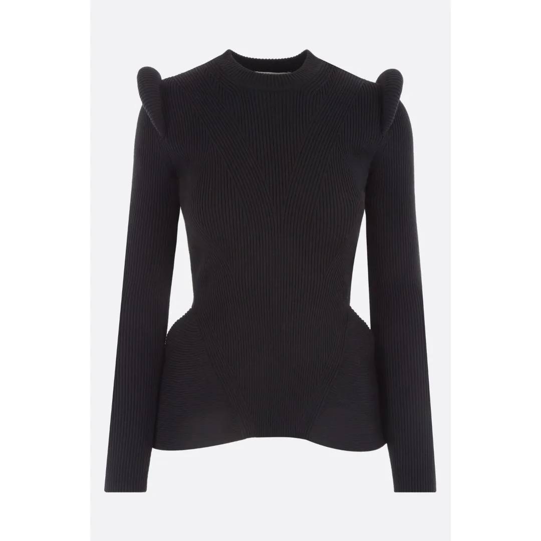 alexander mcqueen  |Crew Neck Casual Style Wool Peplum Rib Long Sleeves Plain