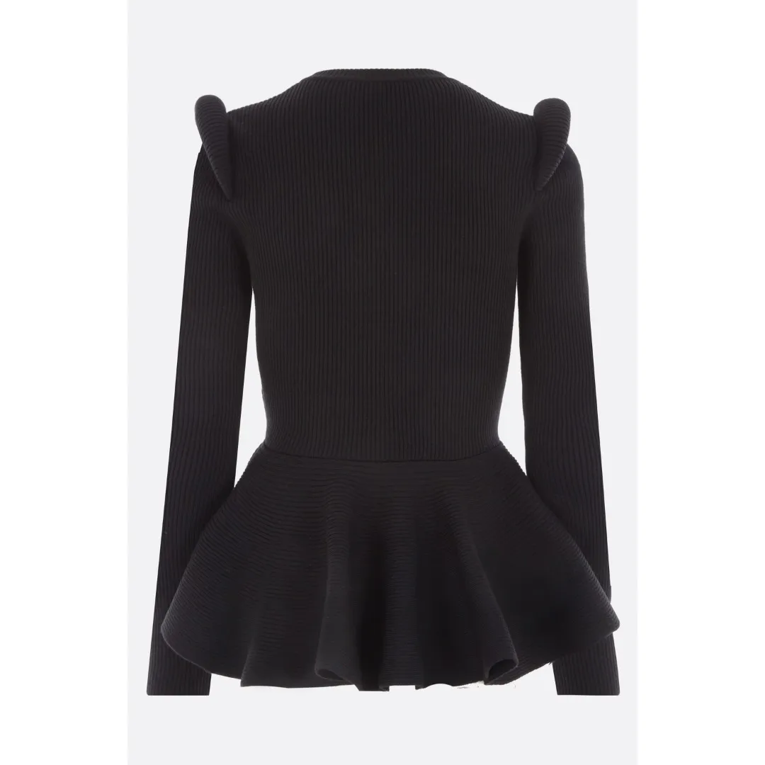 alexander mcqueen  |Crew Neck Casual Style Wool Peplum Rib Long Sleeves Plain