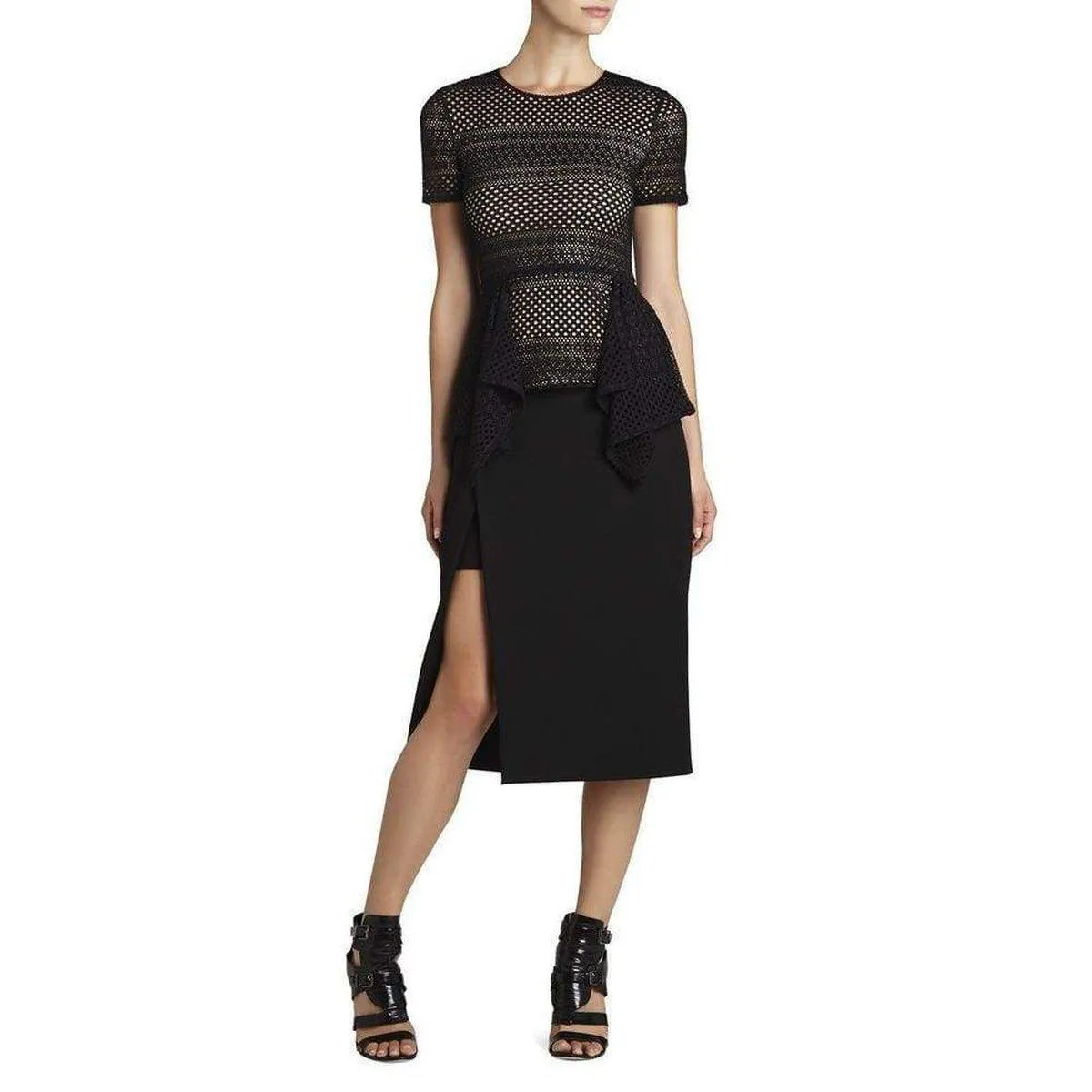 BCBG MAXAZRIA  |Vicktoria Mixed-Knit Peplum Top