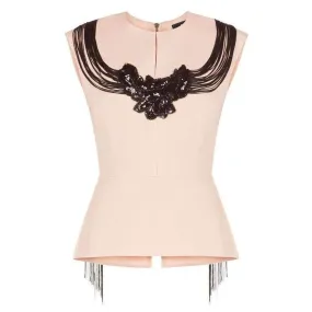 BCBG MAXAZRIA  |Virginie Beaded Fringe Peplum Top