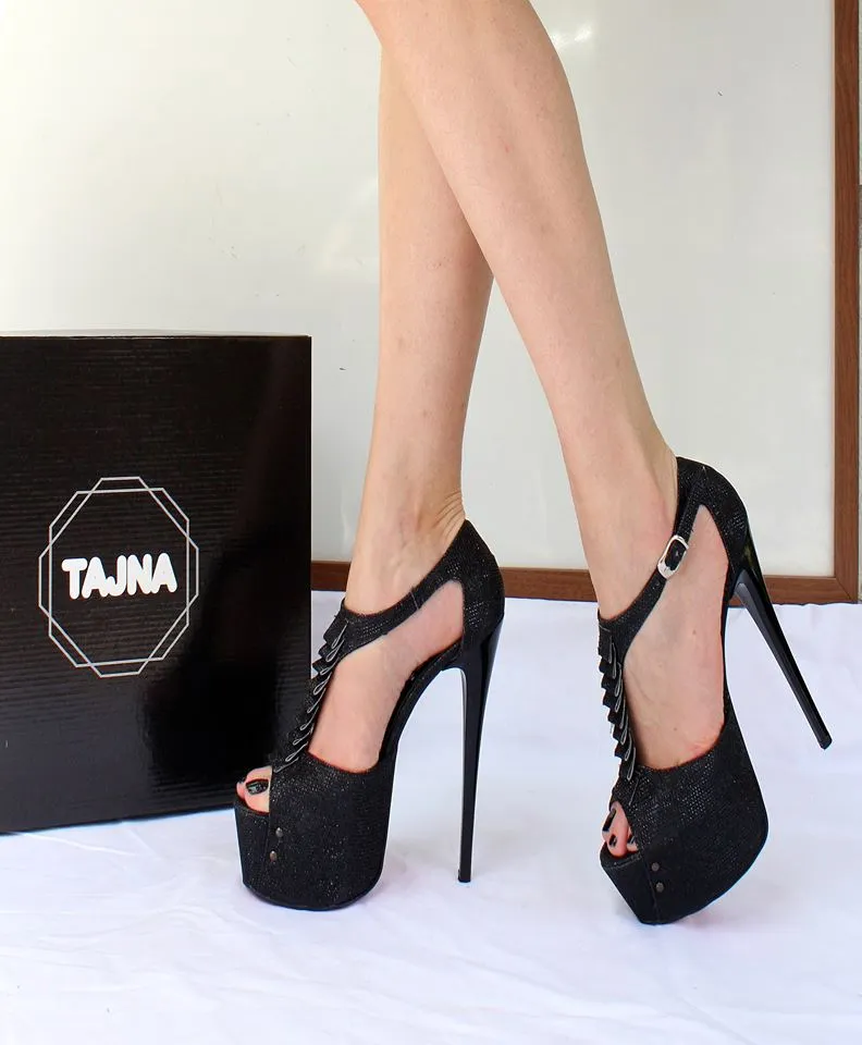 Black Shimmer Ankle Strap Peep Toe High Heel Platform Shoes