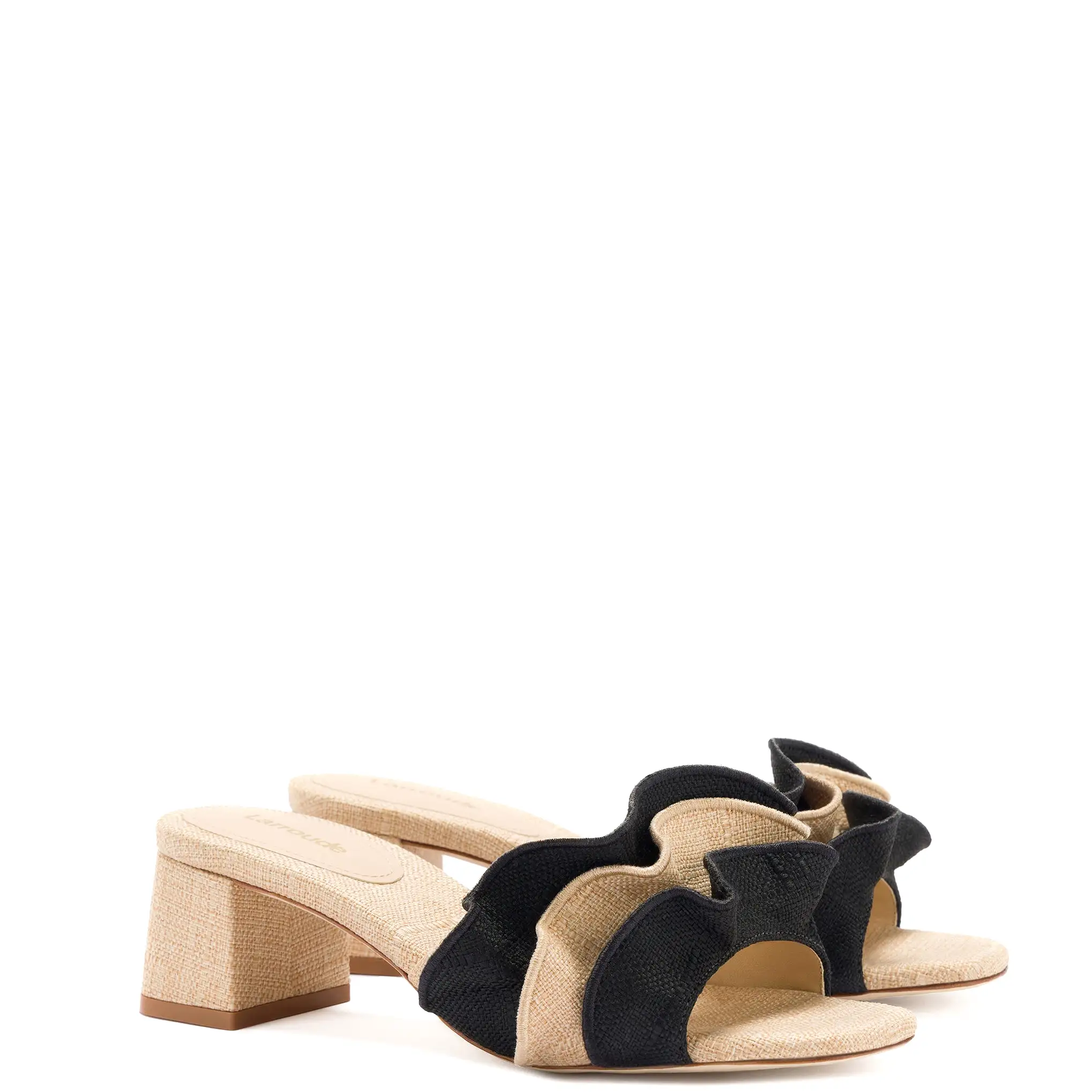 Brigitte Ruffle Mule In Beige and Black Raffia