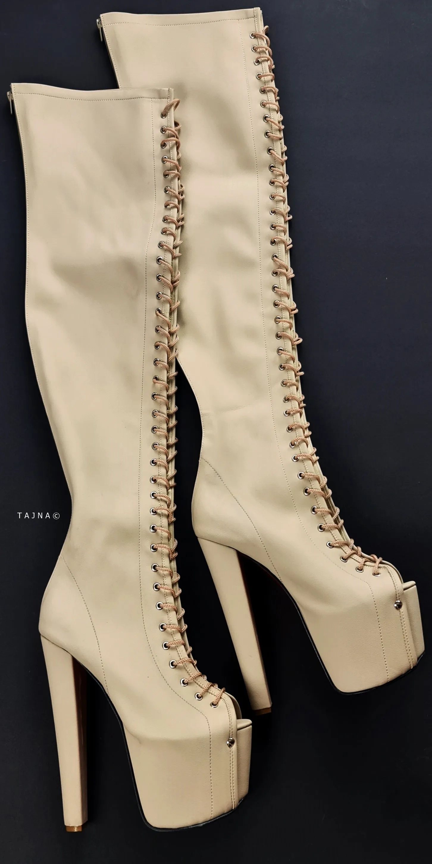 Cream Nude Gladiator Style Lace Up Thigh High Boots