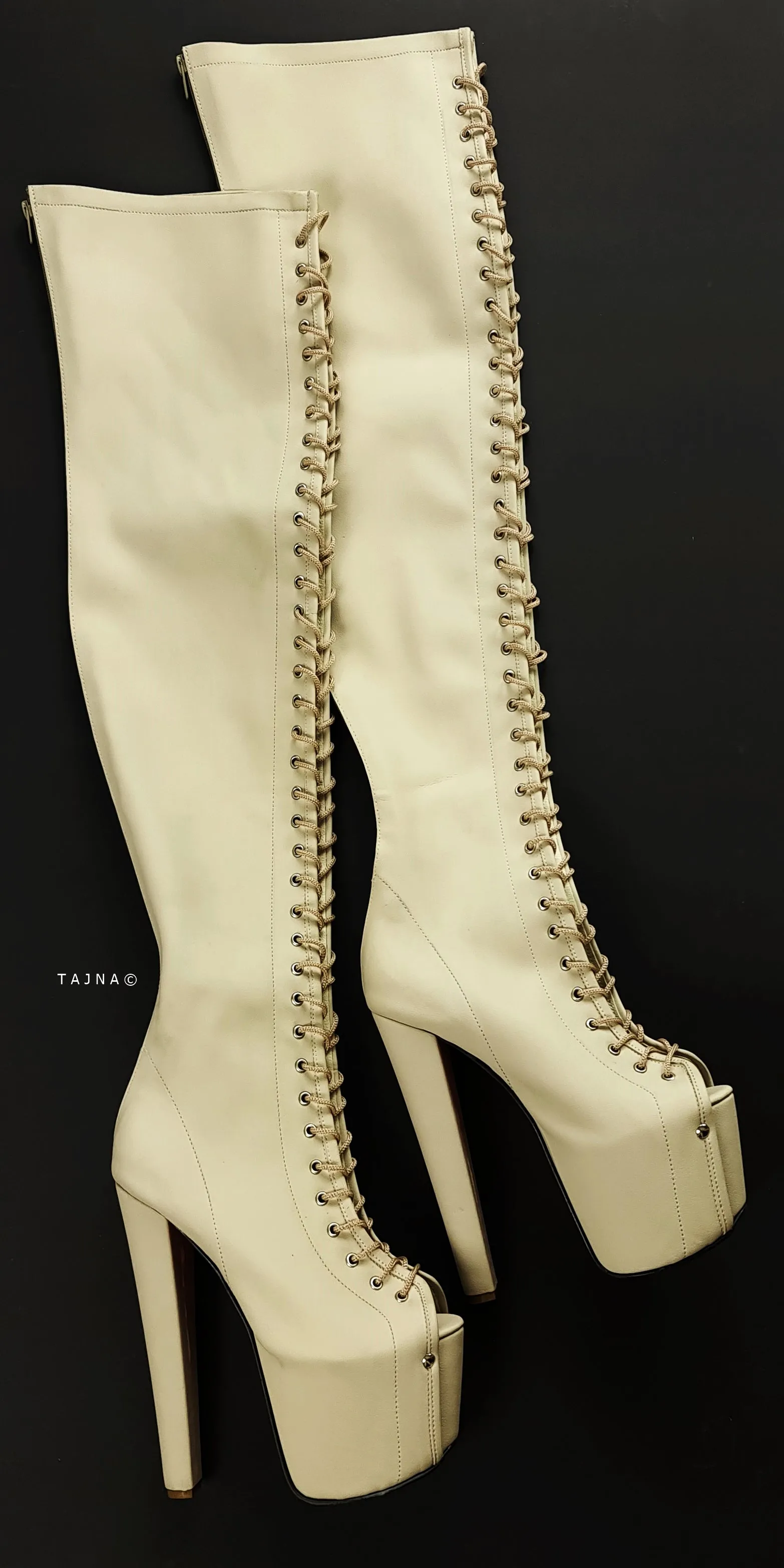 Cream Nude Gladiator Style Lace Up Thigh High Boots