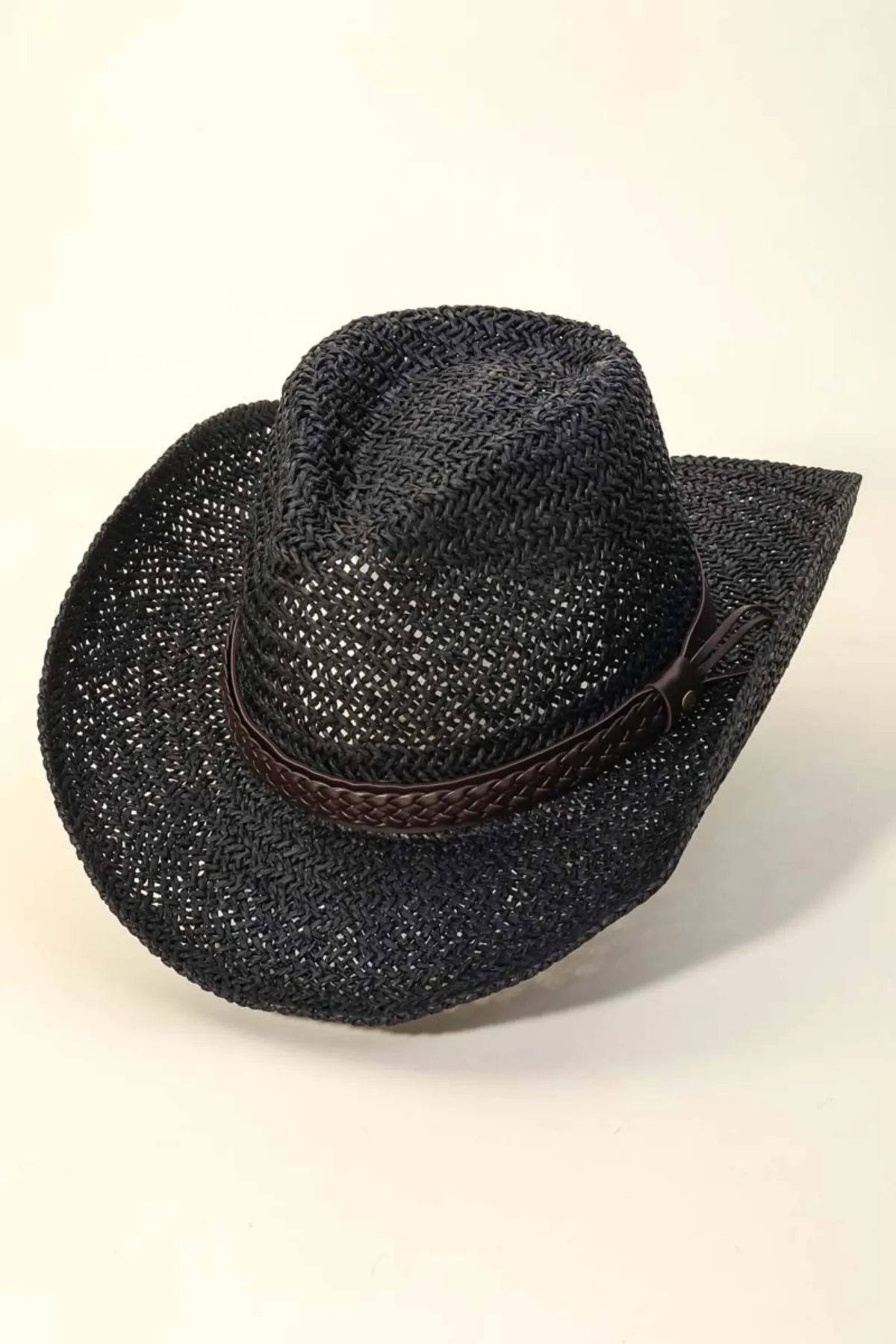 DOMINIQUE  BLACK COWBOY HAT W/ BRAIDED BELT STRAP