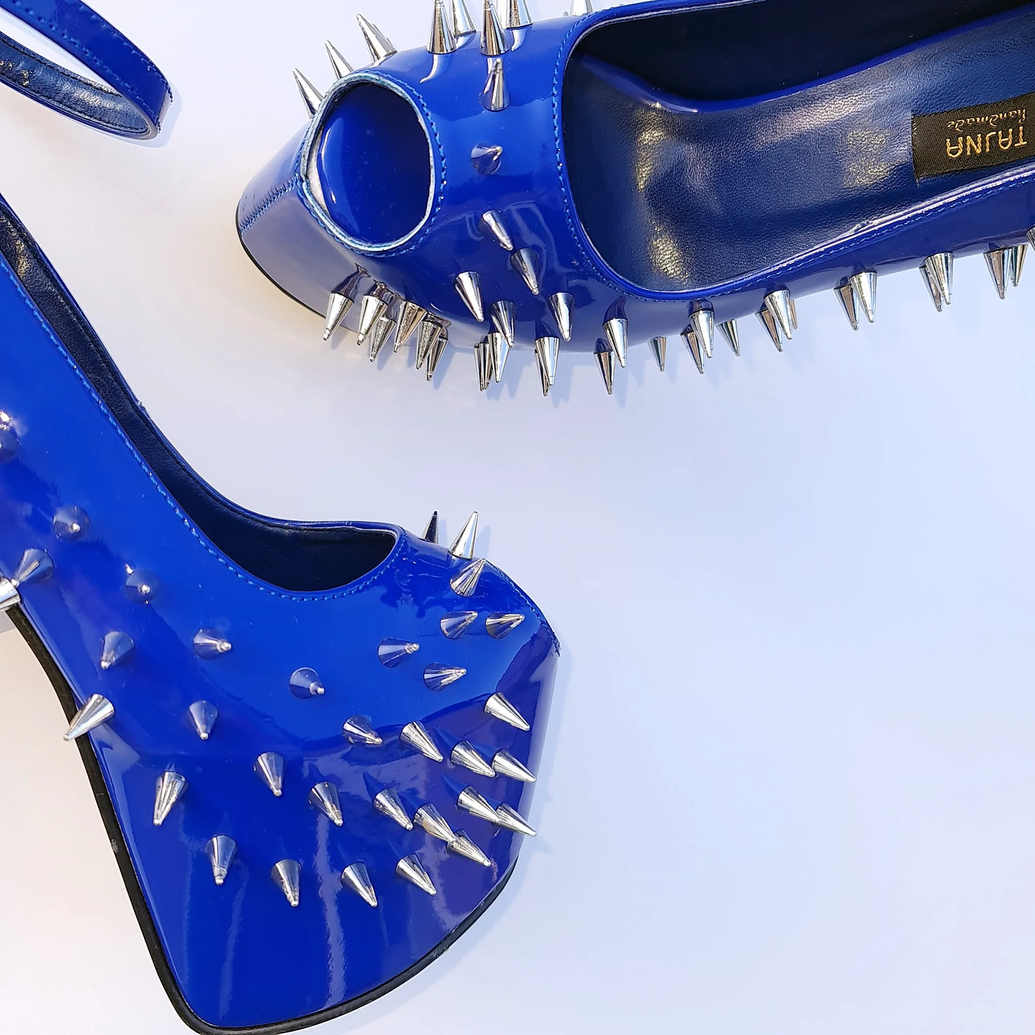 Electric Blue Gloss Spike Studded Ankle Strap Heels