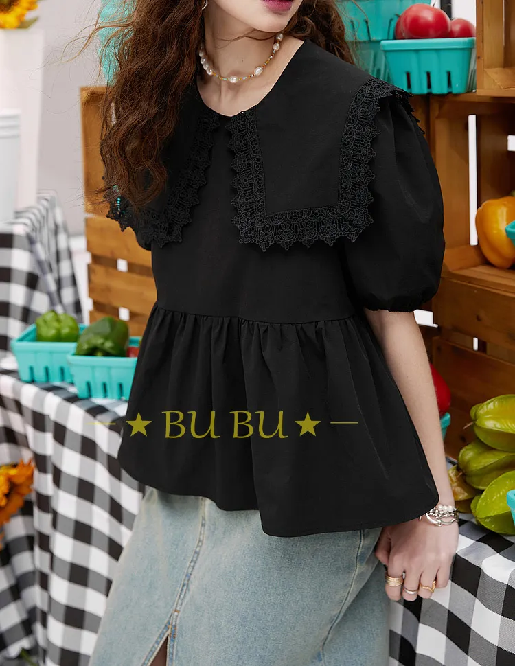 ELF SACK  |Casual Style Peplum Blended Fabrics Plain Short Sleeves