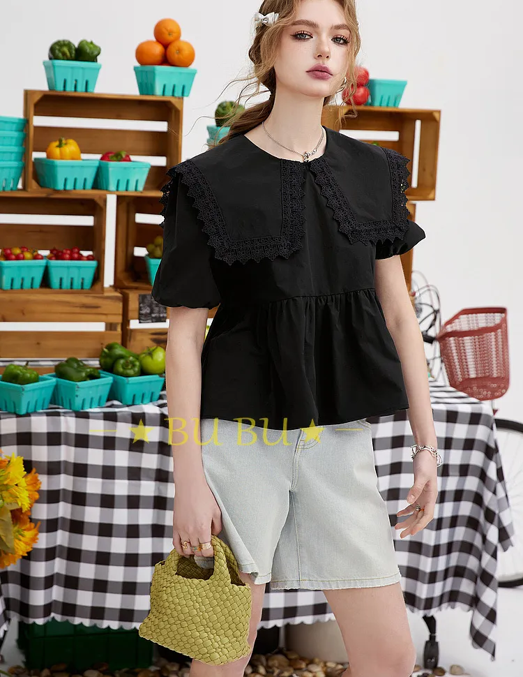 ELF SACK  |Casual Style Peplum Blended Fabrics Plain Short Sleeves