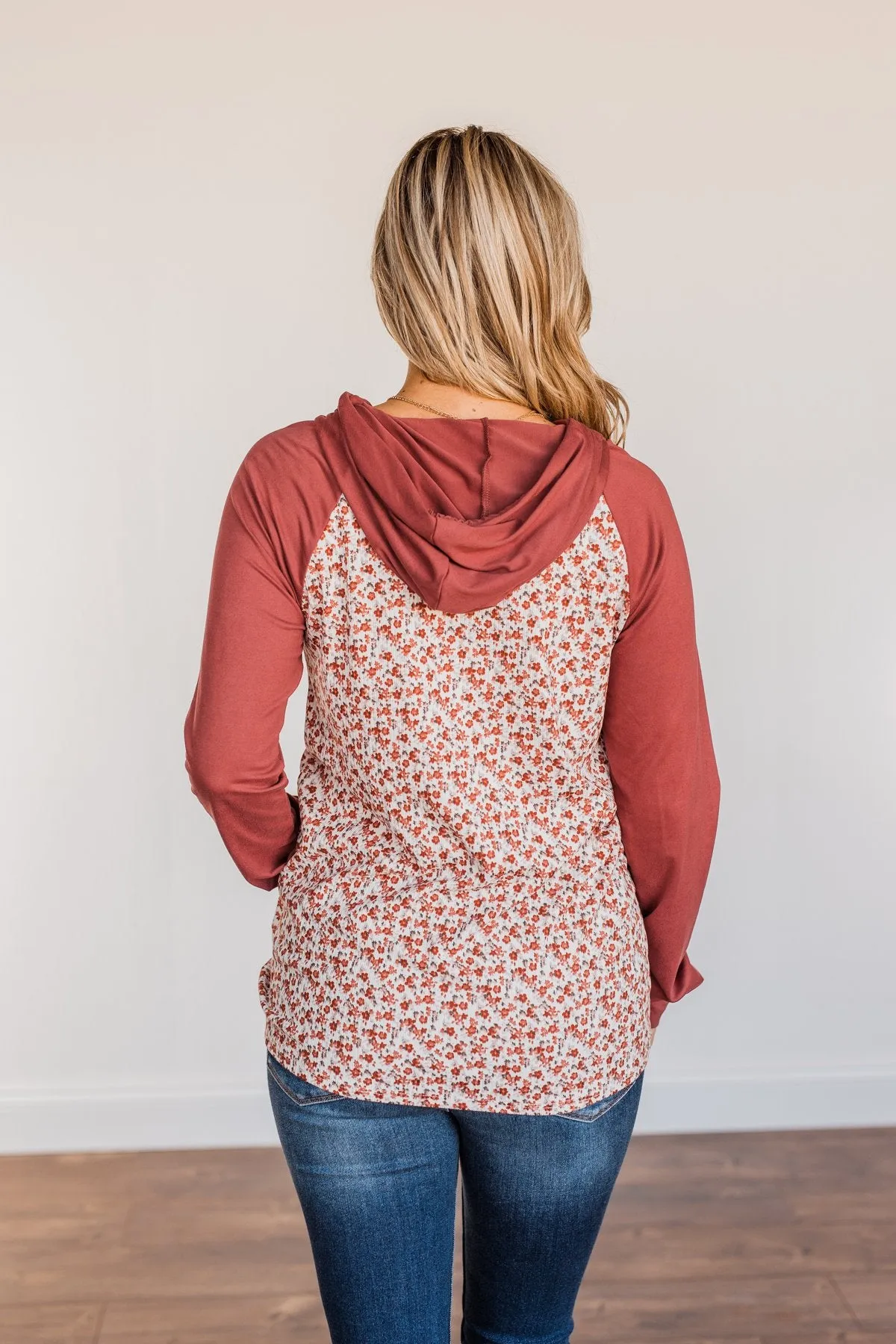 Fiercely Fabulous Floral Drawstring Hoodie- Brick