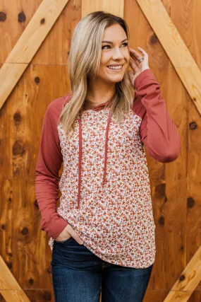 Fiercely Fabulous Floral Drawstring Hoodie- Brick