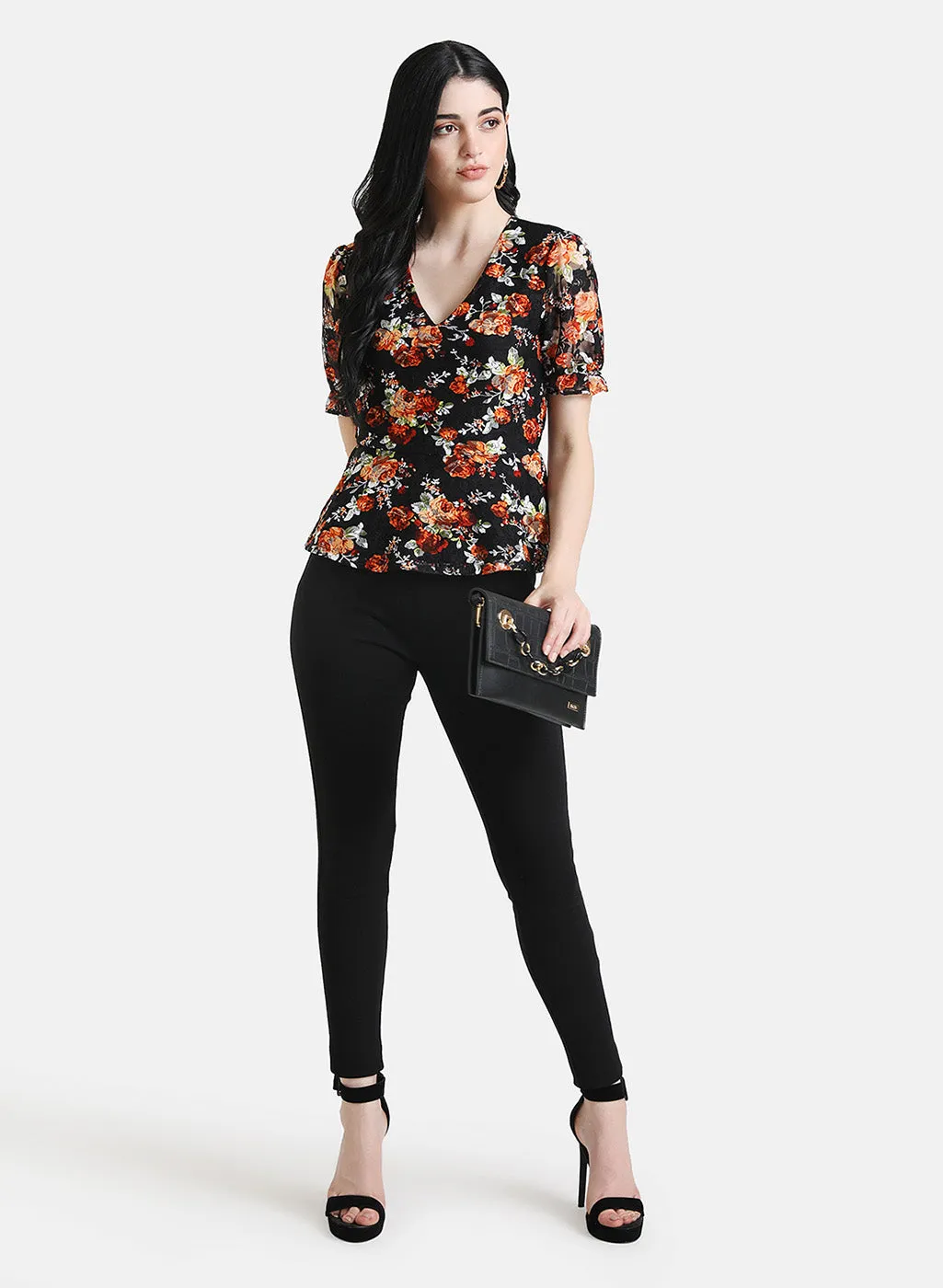 Floral Printed Strech Lace Peplum Top