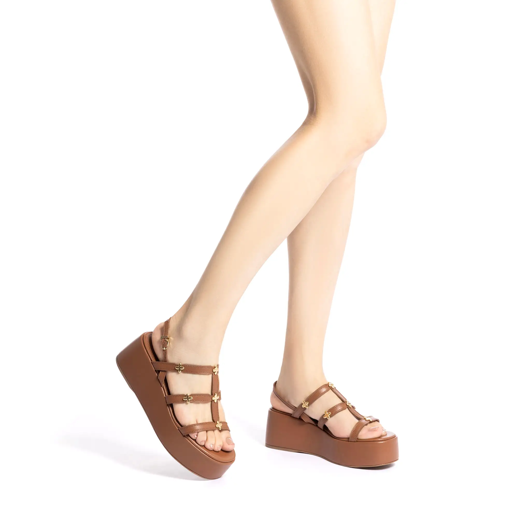 Harmony Flatform Sandal In Caramel Leather