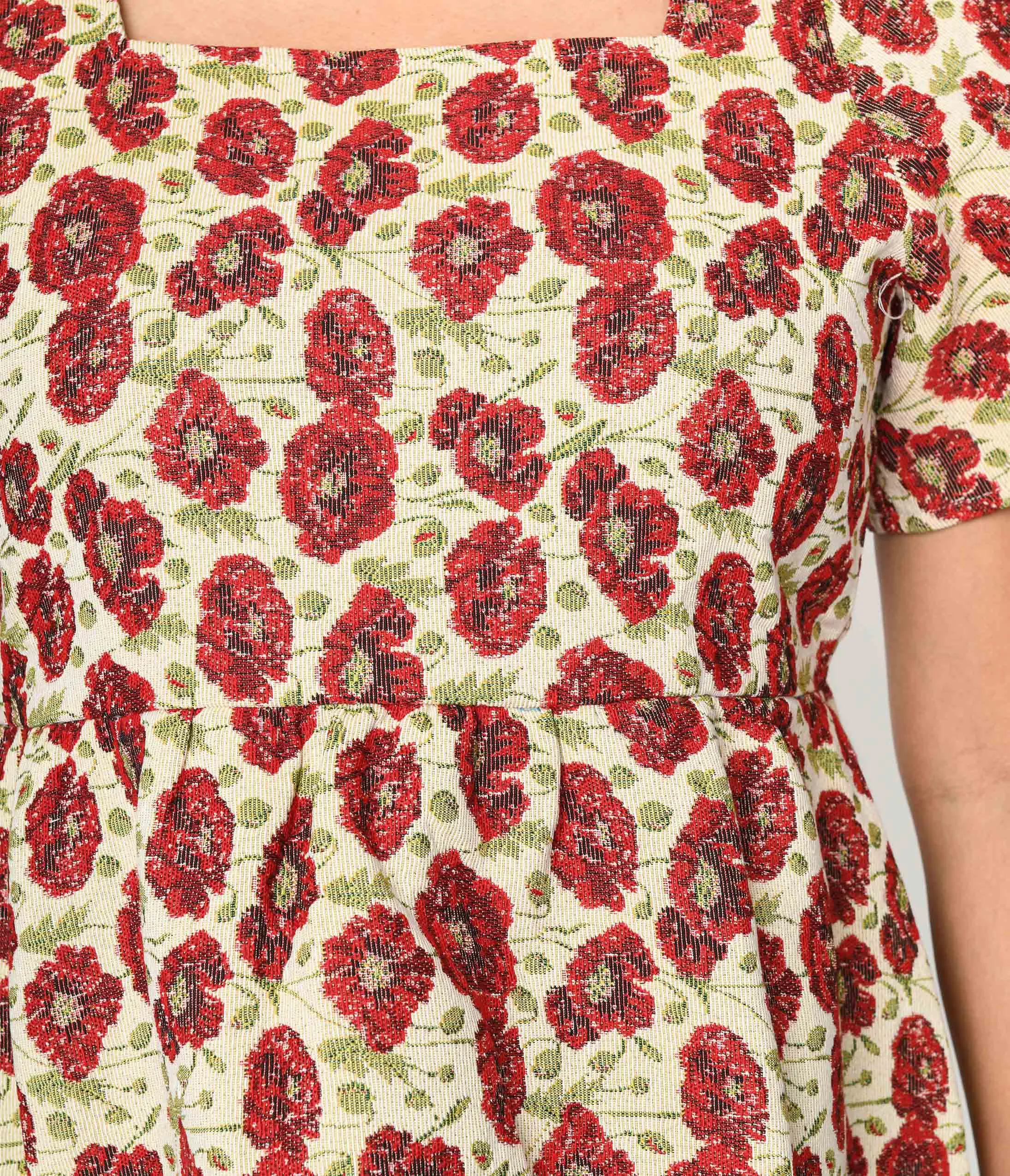 Ivory & Red Floral Kiss Jacquard Peplum Top