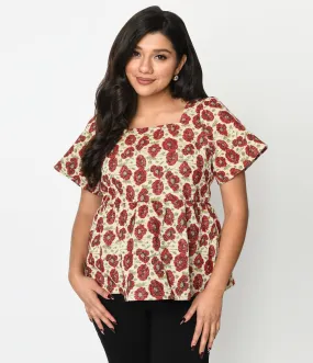 Ivory & Red Floral Kiss Jacquard Peplum Top