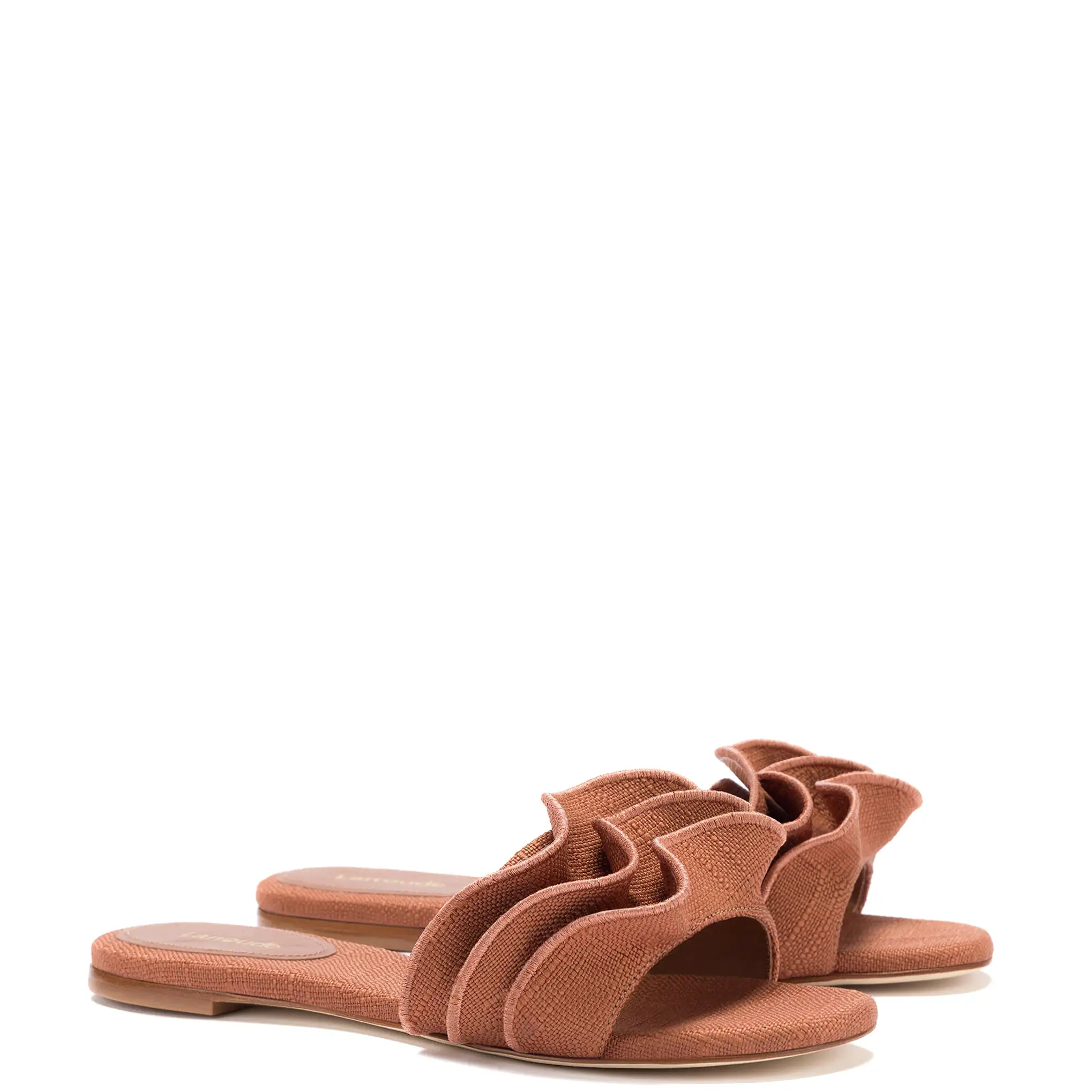 Ivy Ruffle Flat Mule In Caramel Raffia