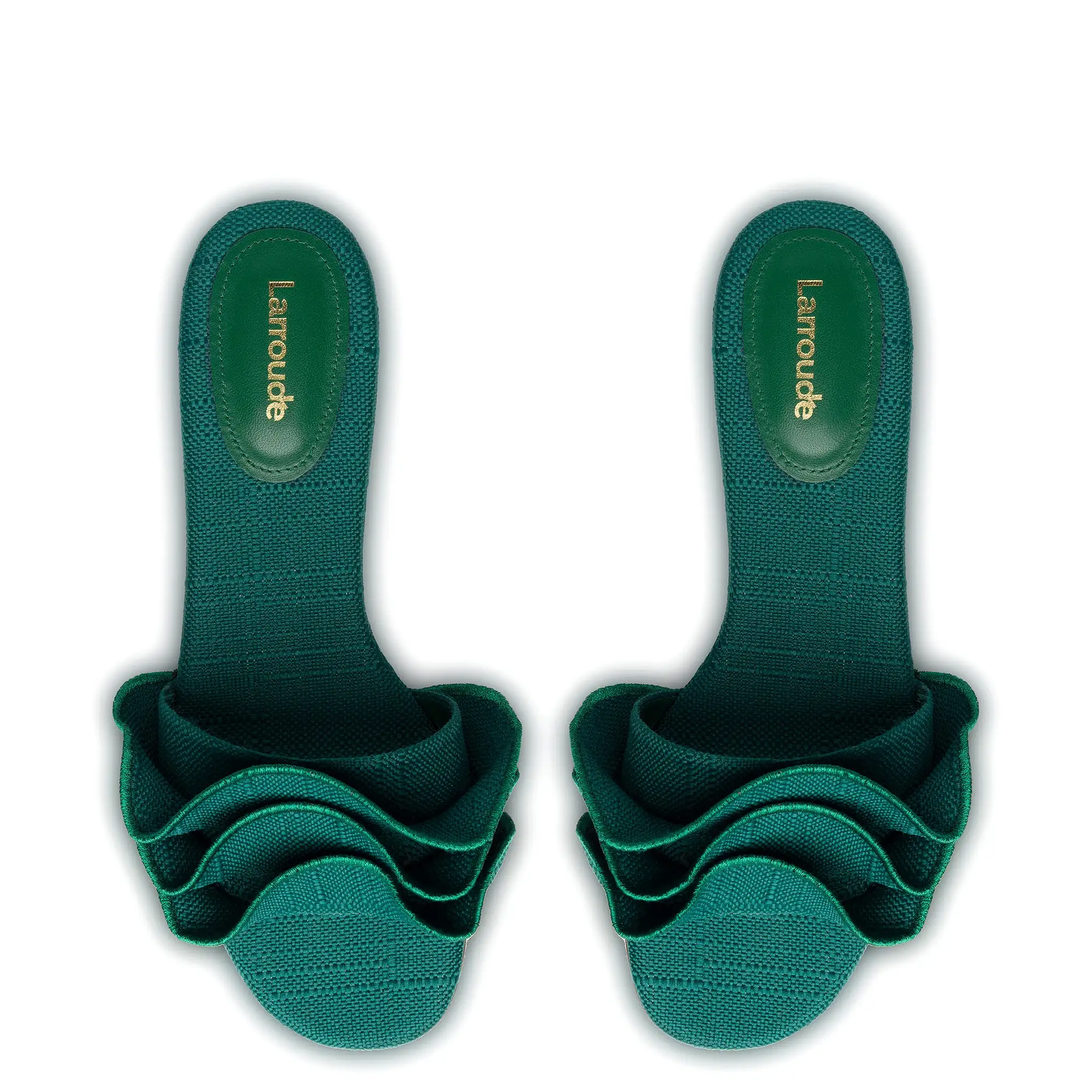 Ivy Ruffle Flat Mule In Emerald Raffia