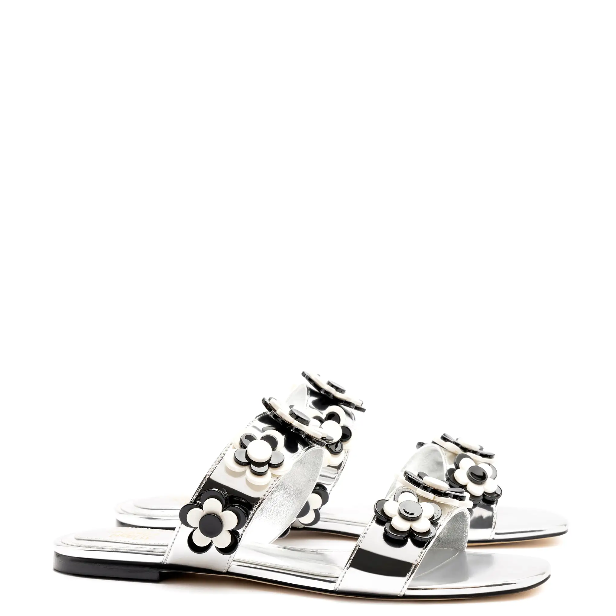 Larroudé x Gabriela Noelle: Blossom Flat Sandal In Silver Specchio and Black and White Acrylic