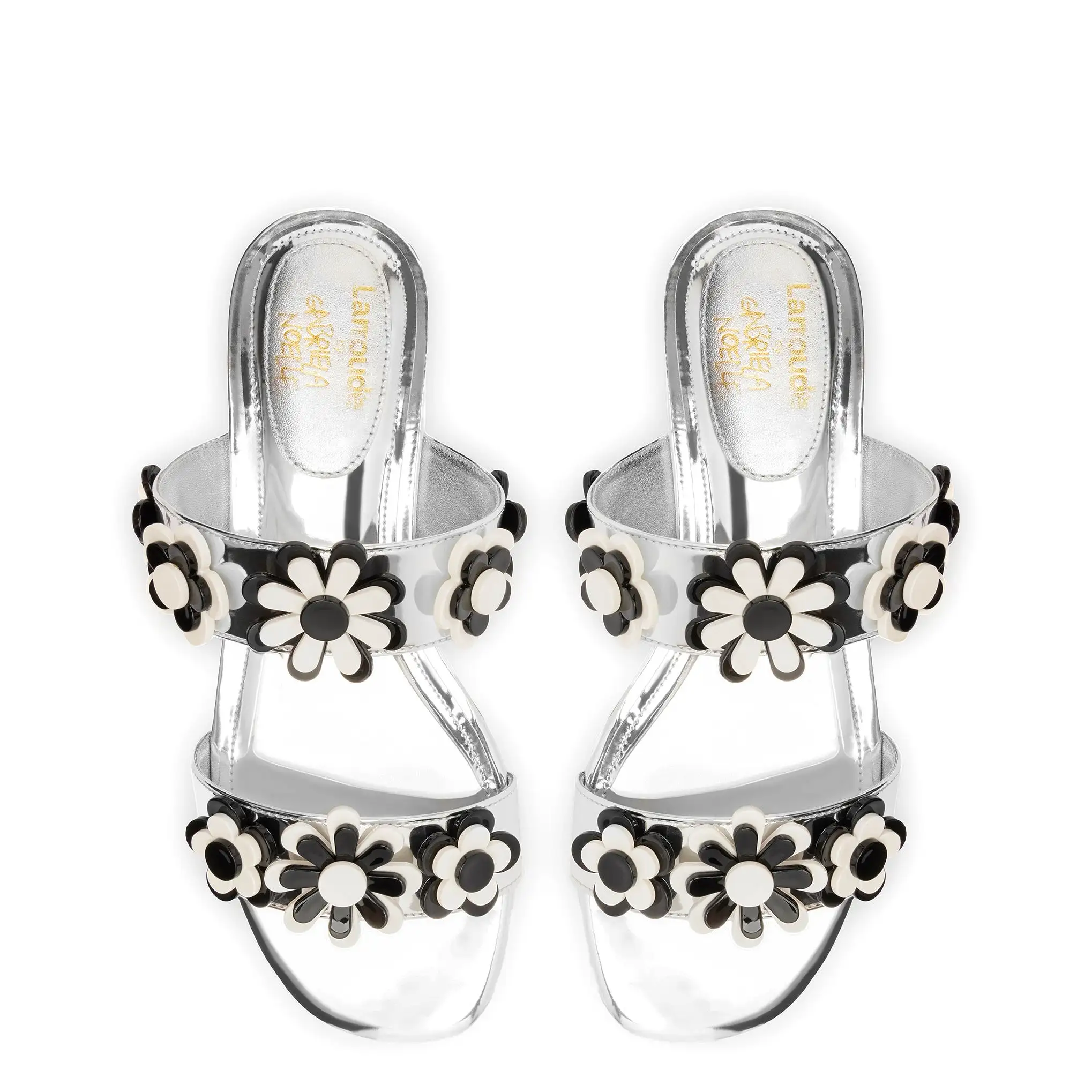 Larroudé x Gabriela Noelle: Blossom Flat Sandal In Silver Specchio and Black and White Acrylic