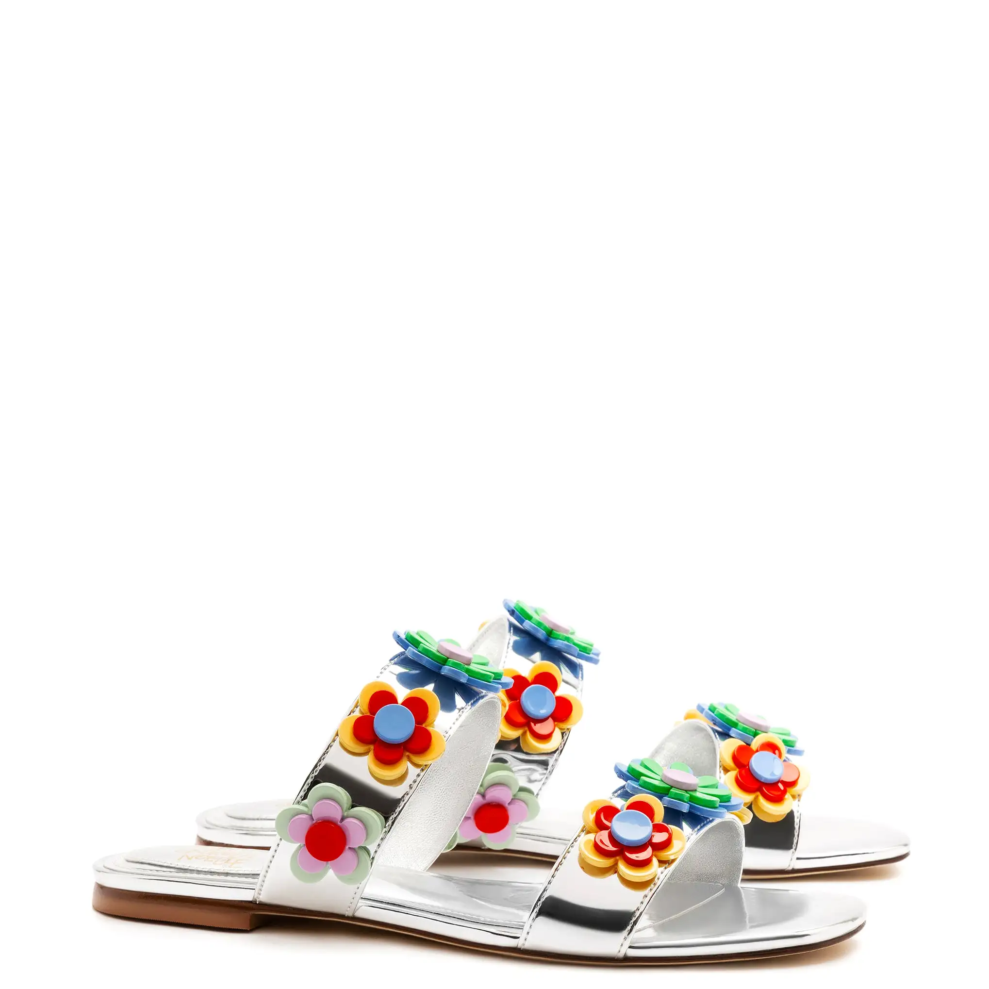 Larroudé x Gabriela Noelle: Blossom Flat Sandal In Silver Specchio and Multicolor Acrylic