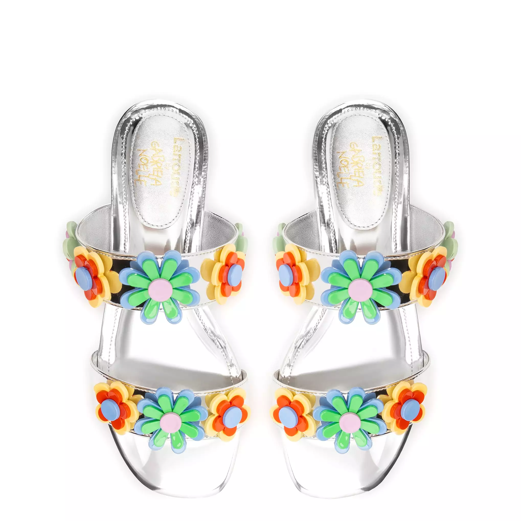 Larroudé x Gabriela Noelle: Blossom Flat Sandal In Silver Specchio and Multicolor Acrylic