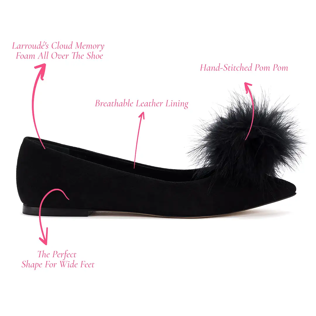 Lee Pompom Flat In Black Suede