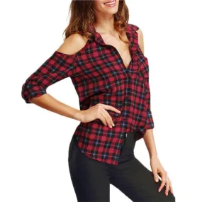 Long Sleeve Casual Plaid Shirt Women Open Shoulder Blouses Womans Shirts Tops Lapel flannel Red Blouse  SM6