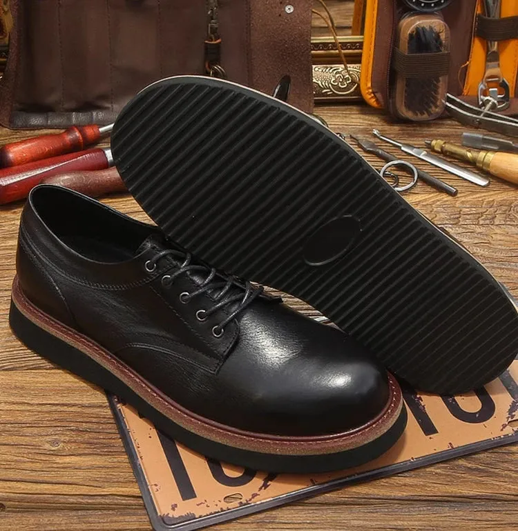 Men's Retro Round Toe Genuine Leather Lace Up Thick Soled Oxford Shoes