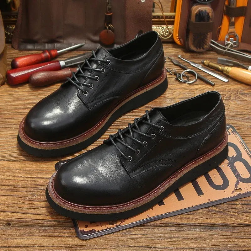 Men's Retro Round Toe Genuine Leather Lace Up Thick Soled Oxford Shoes