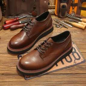 Men's Retro Round Toe Genuine Leather Lace Up Thick Soled Oxford Shoes