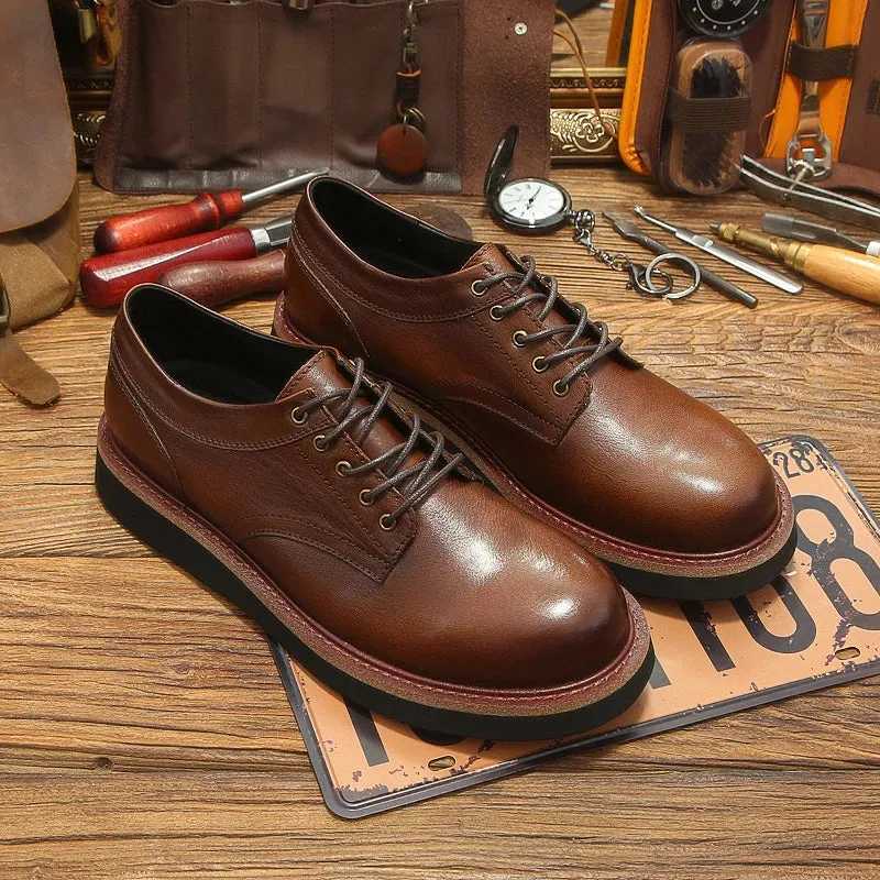 Men's Retro Round Toe Genuine Leather Lace Up Thick Soled Oxford Shoes