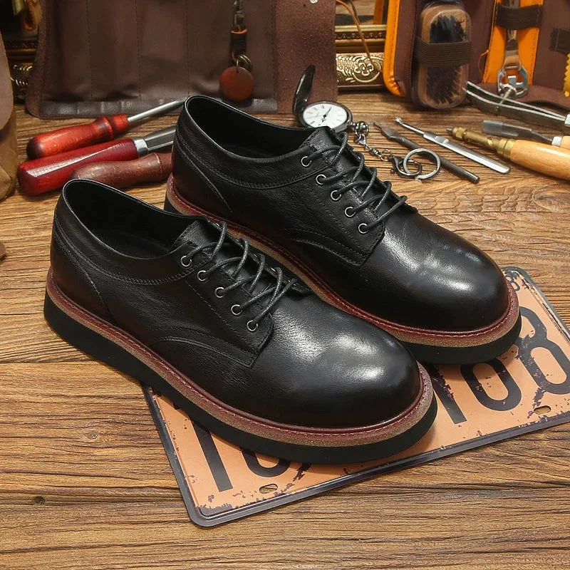 Men's Retro Round Toe Genuine Leather Lace Up Thick Soled Oxford Shoes