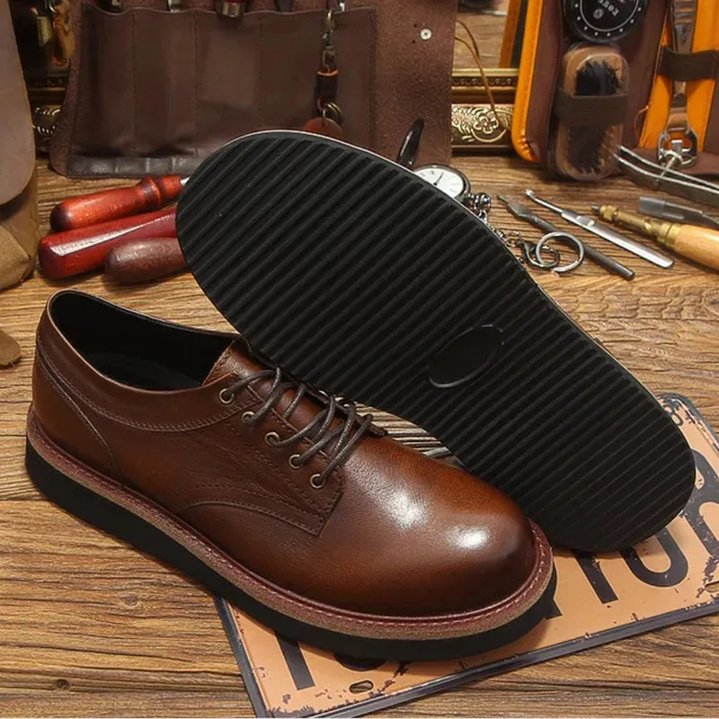 Men's Retro Round Toe Genuine Leather Lace Up Thick Soled Oxford Shoes