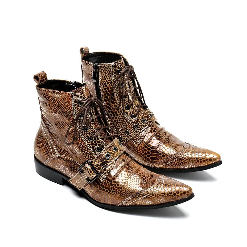 Men's Winter Genuine Leather Golden Pointed Toe Western Ankle Boots