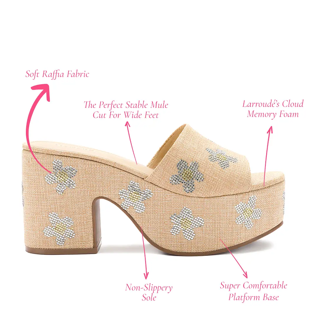 Miso Platform Sandal In Beige Raffia and Floral Crystals