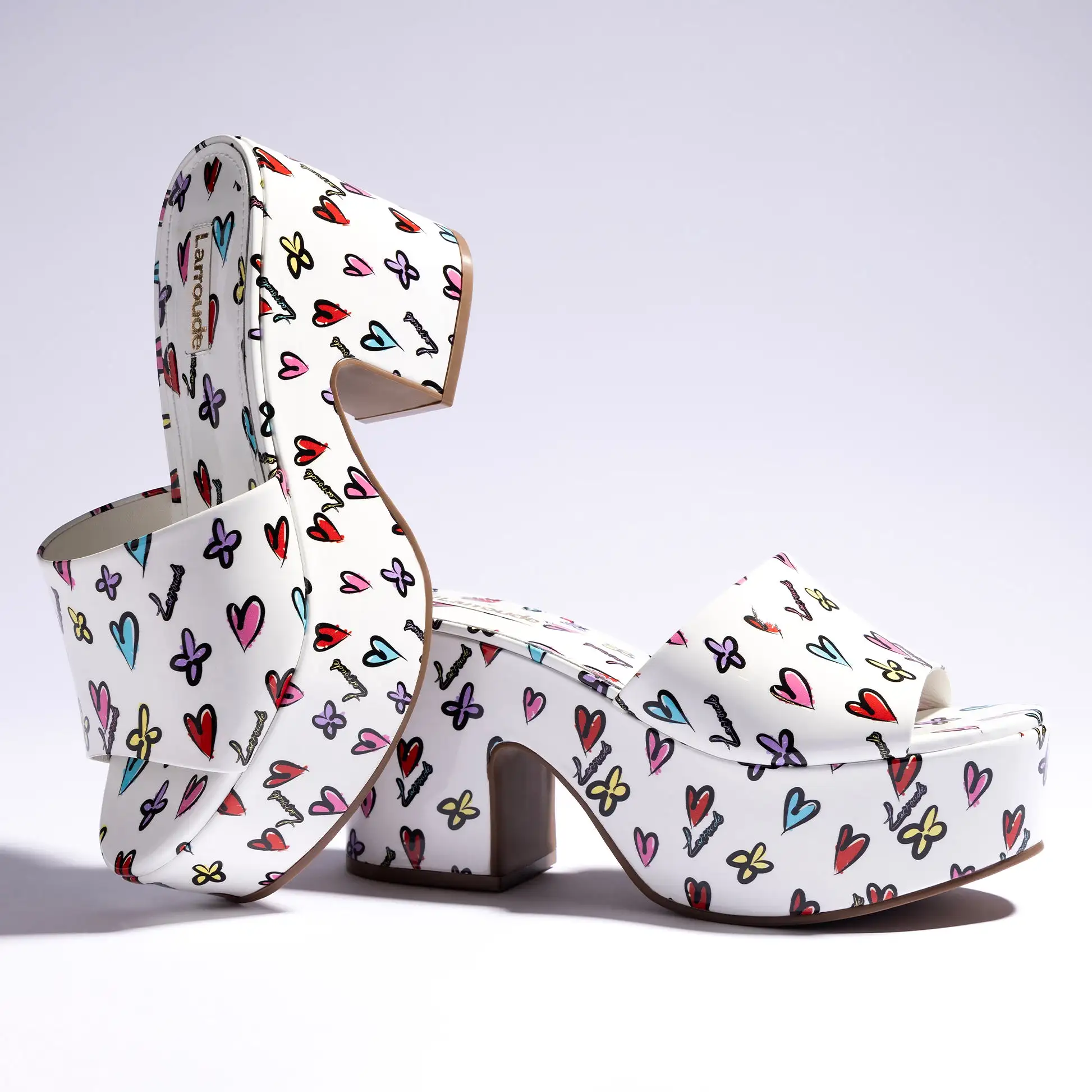 Miso Platform Sandal In White Heart Printed Leather