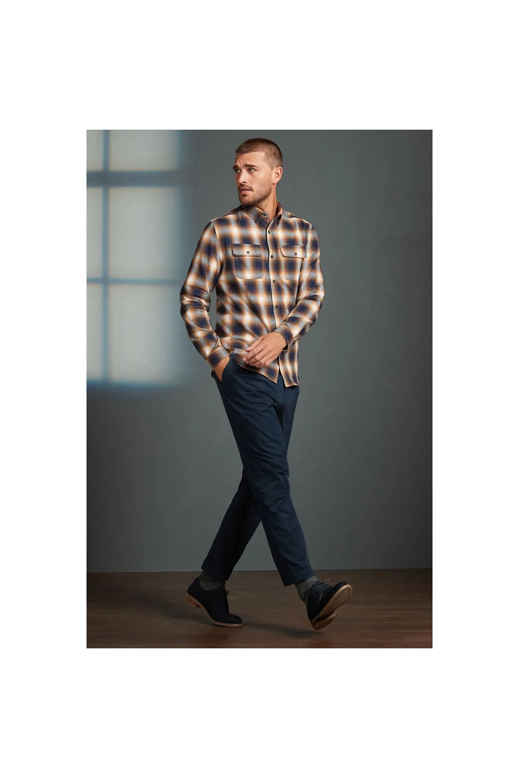 NEXT Tan-Navy Signature Brushed Flannel Check Shirt Multicolor Men Shirts