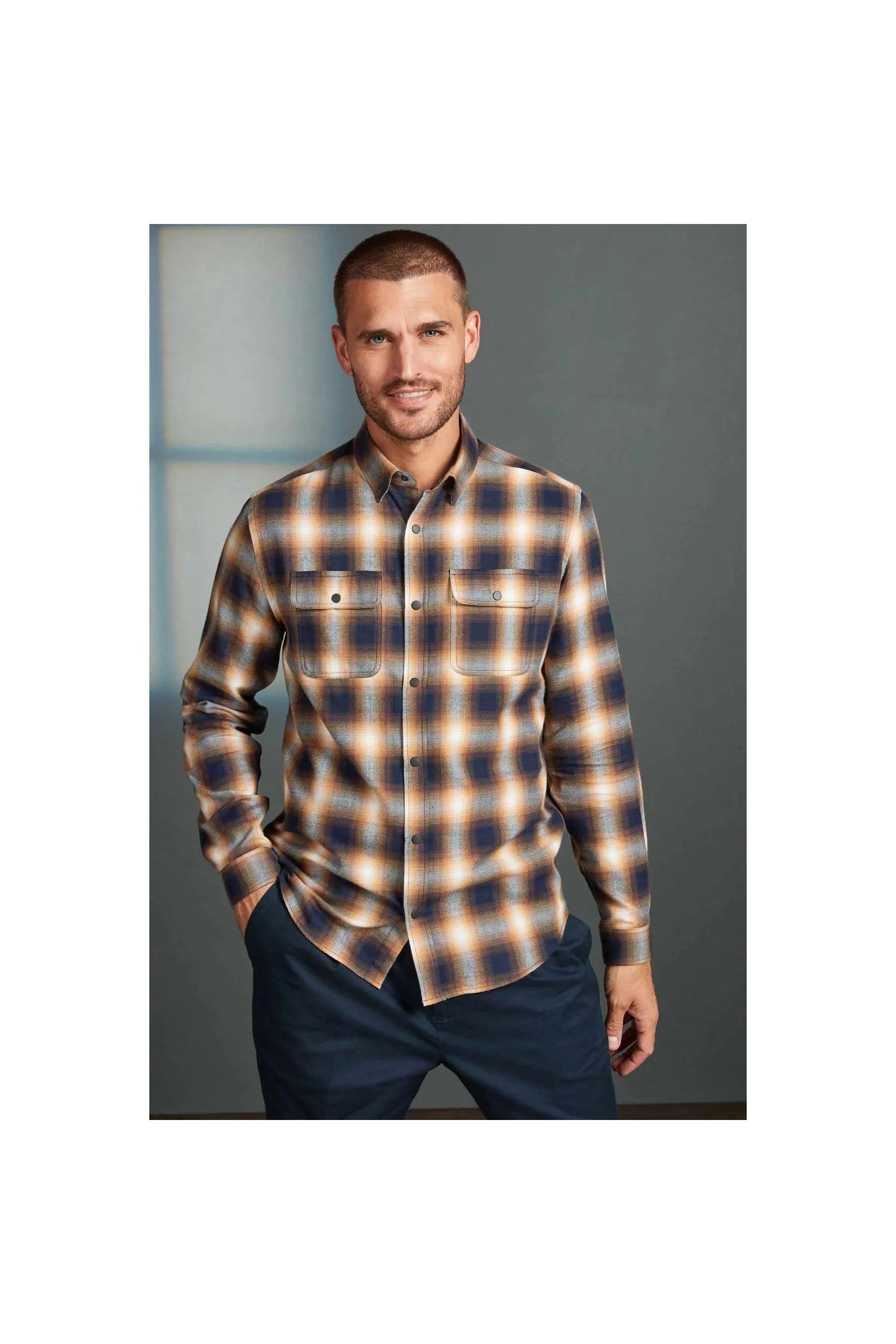 NEXT Tan-Navy Signature Brushed Flannel Check Shirt Multicolor Men Shirts