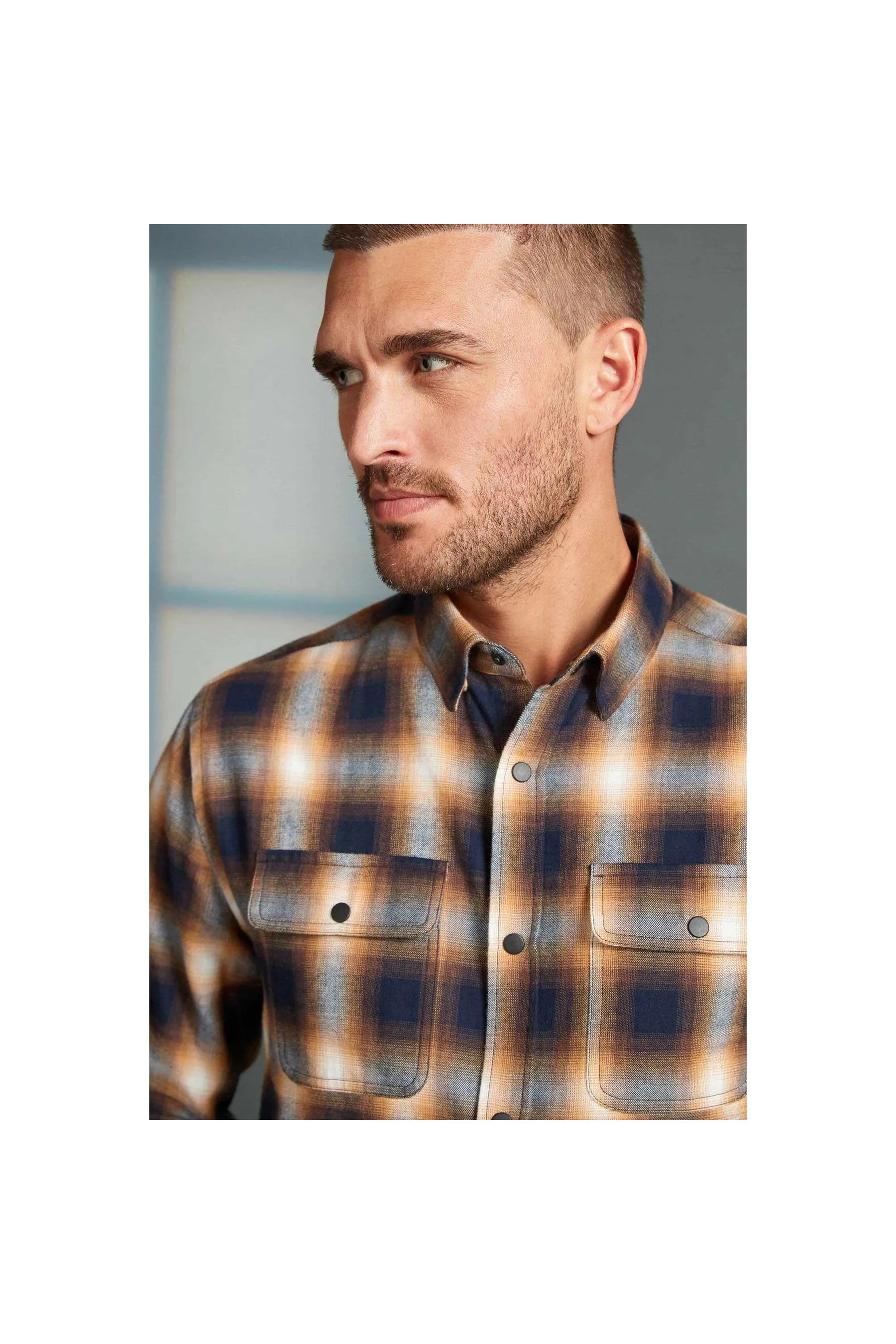 NEXT Tan-Navy Signature Brushed Flannel Check Shirt Multicolor Men Shirts