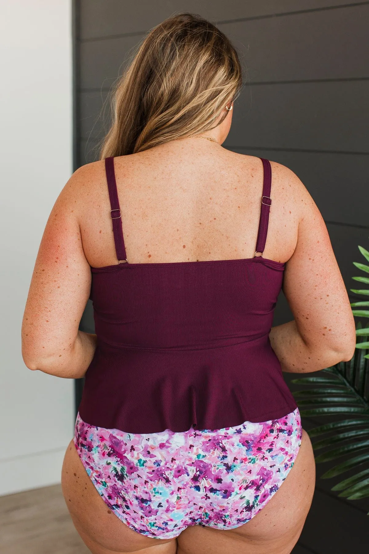 Ocean Breeze Peplum Tankini Swim Top- Plum Ribbed