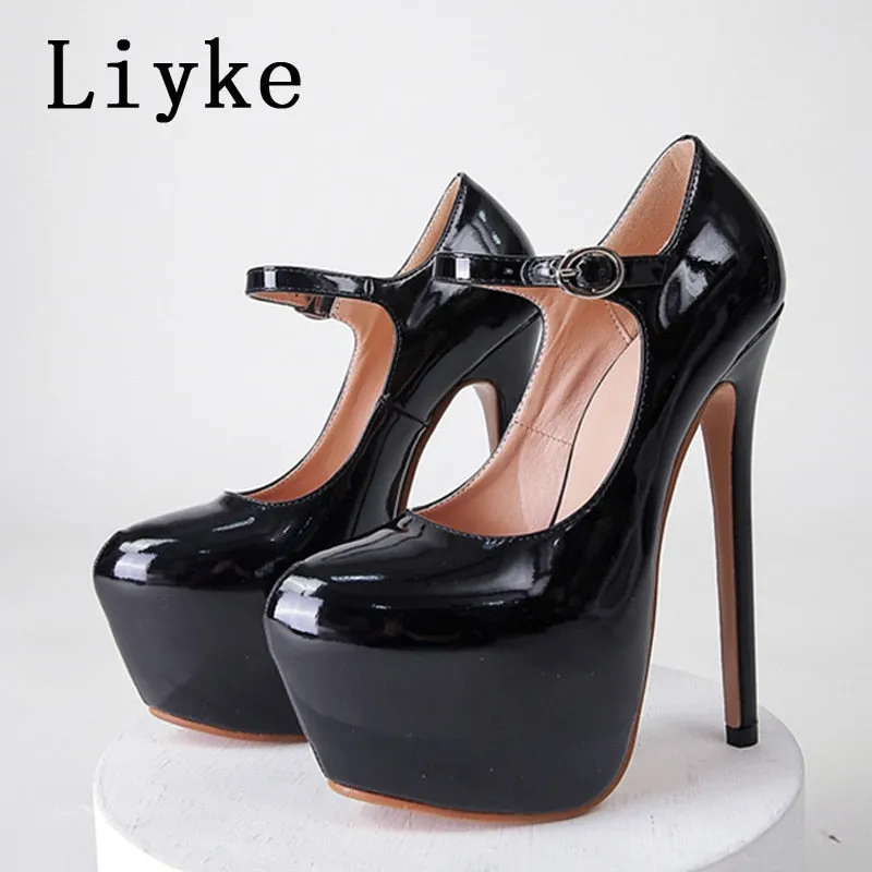 Platform Pumps Black Round Toe Buckle Strap Stiletto