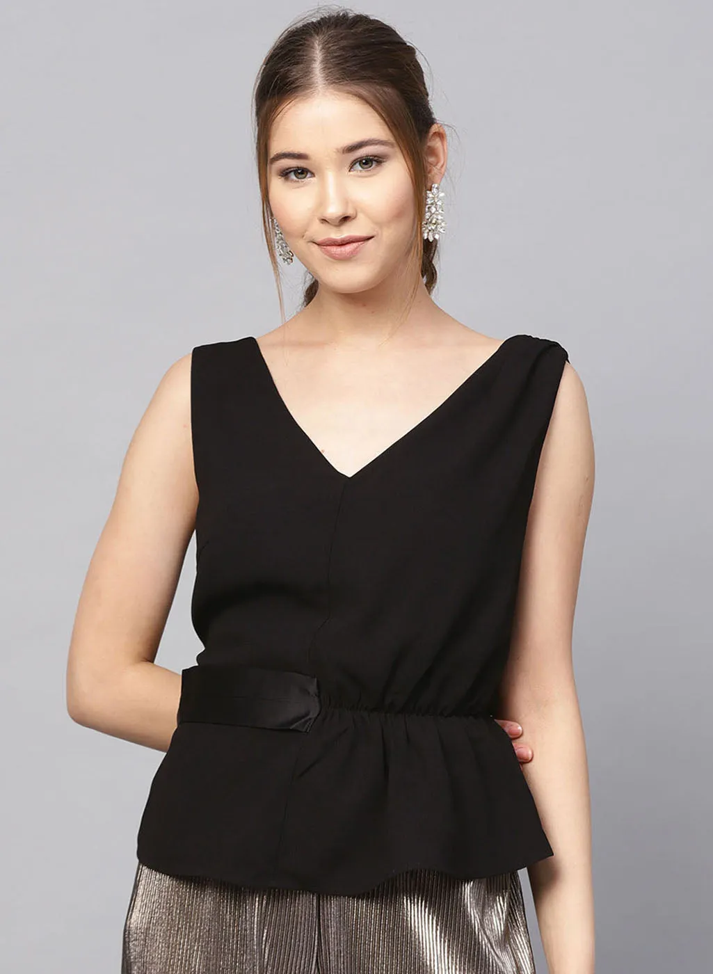 Pleated Peplum Top With Side Belt Detailing