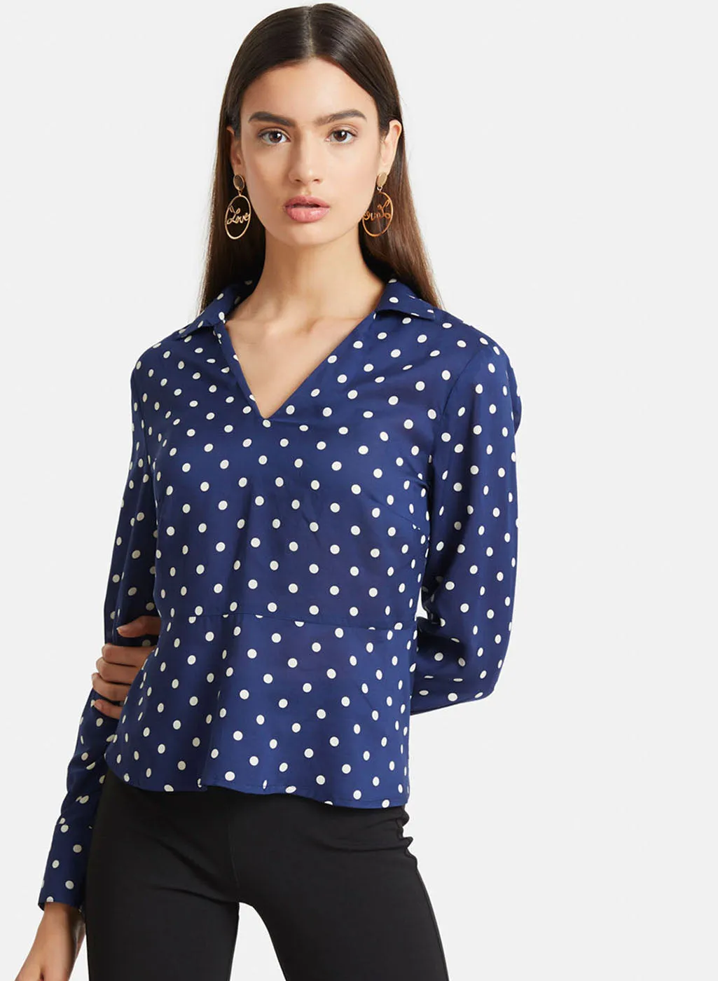 Polka Dot Collar Neck Peplum Top