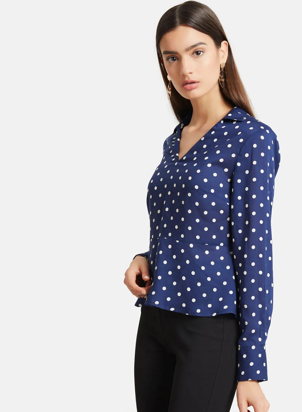 Polka Dot Collar Neck Peplum Top