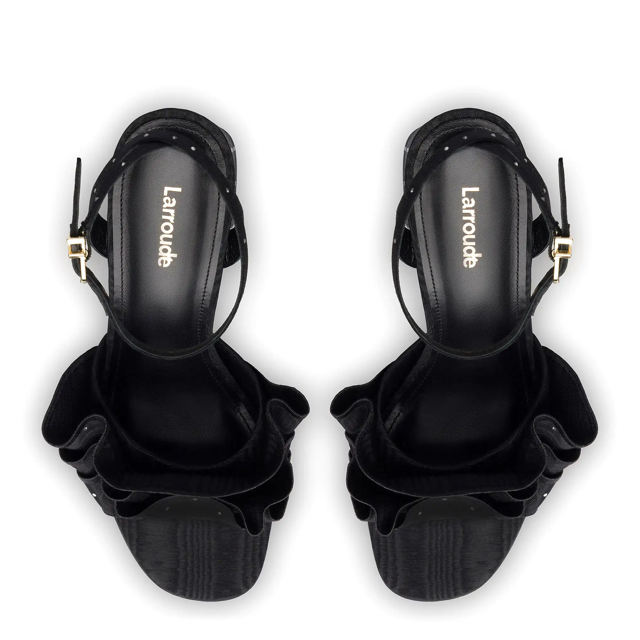 Selena Ruffle Sandal In Black Fabric and Crystals