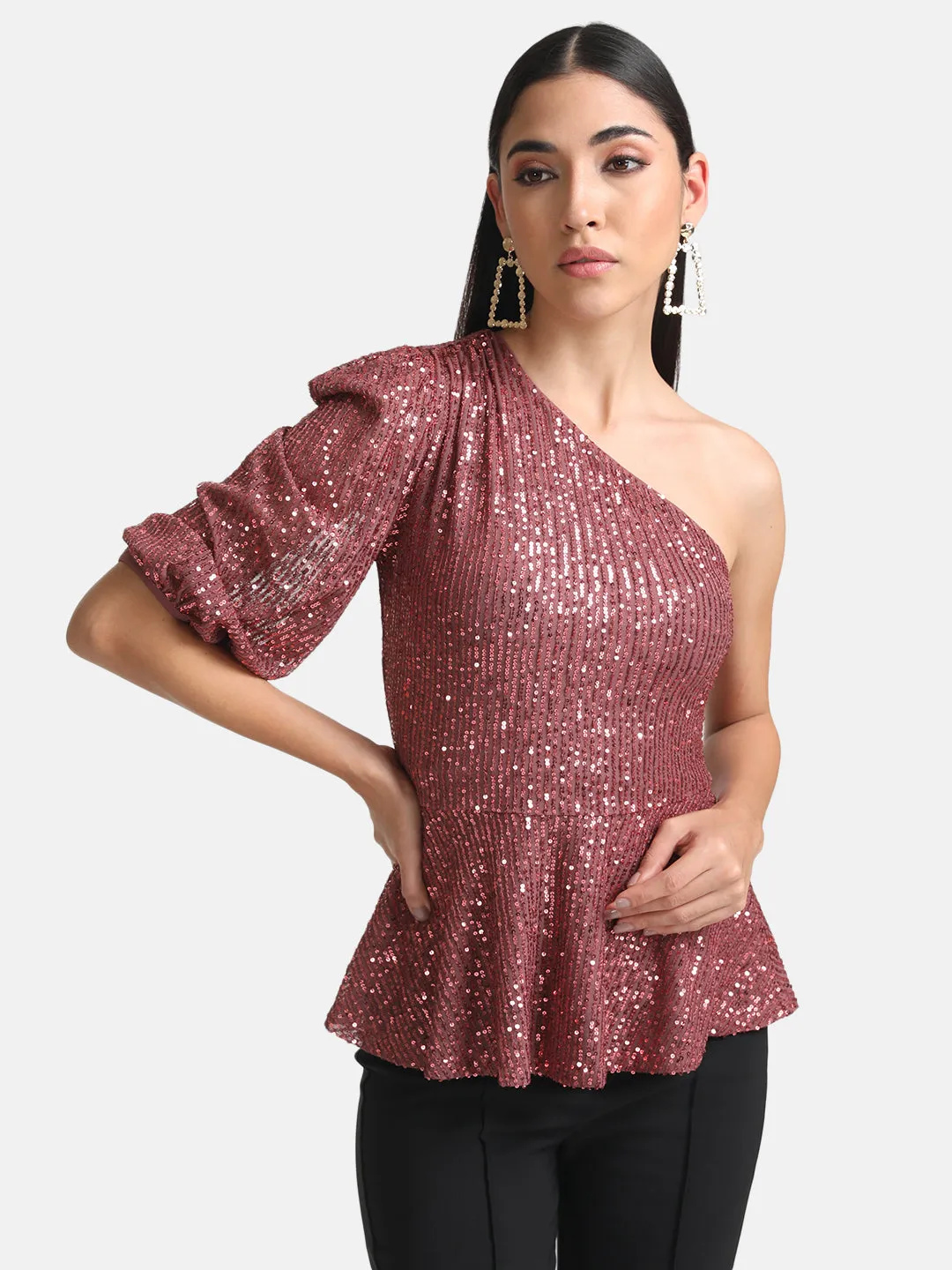 Sequin One Shoulder Peplum Top