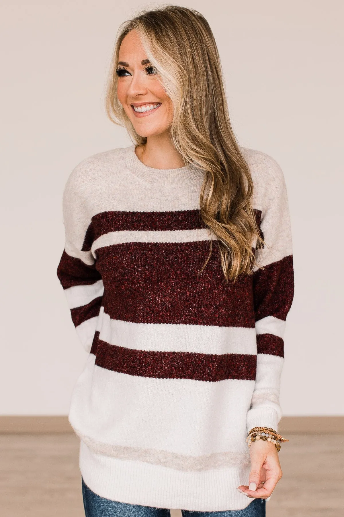 Showering Affections Striped Sweater- Ivory & Burgundy