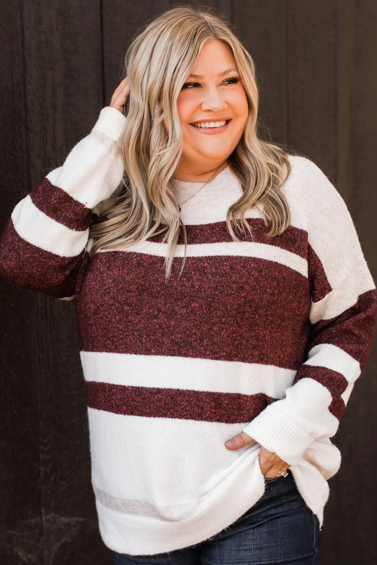 Showering Affections Striped Sweater- Ivory & Burgundy