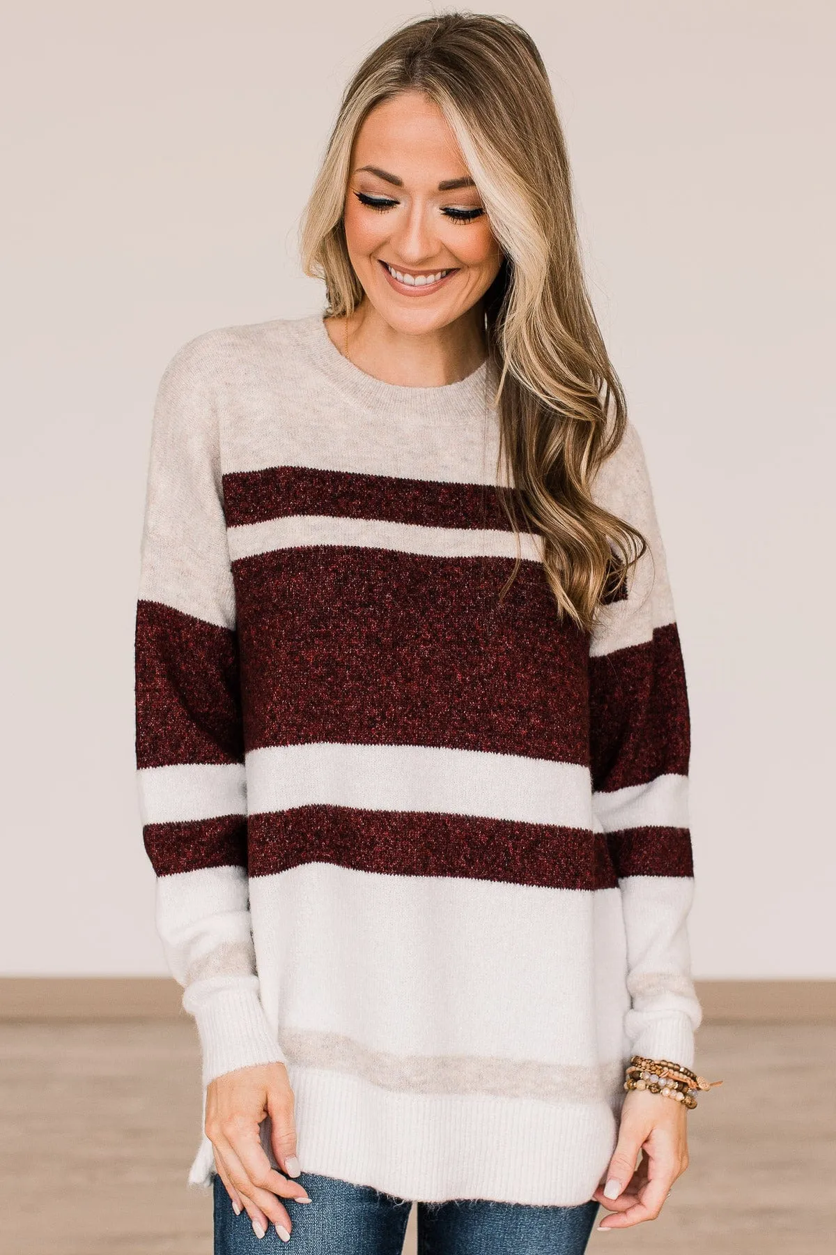 Showering Affections Striped Sweater- Ivory & Burgundy